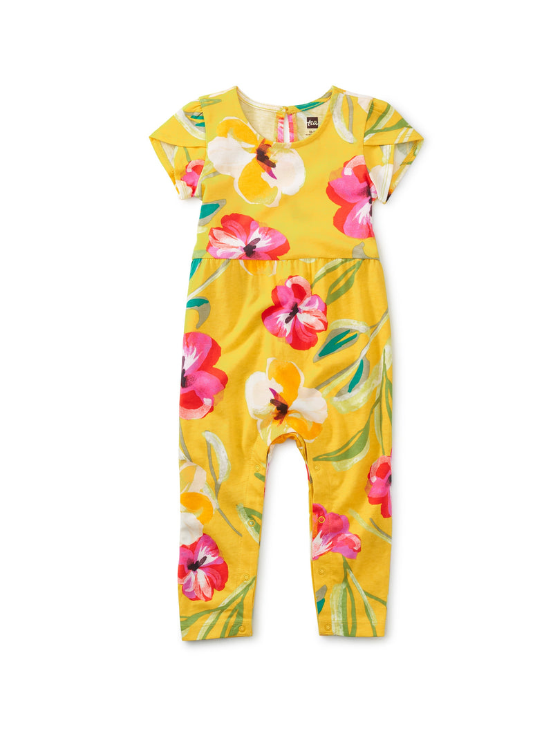 Tulip Sleeve Baby Romper in Painterly Hibiscus In Yellow - View 1