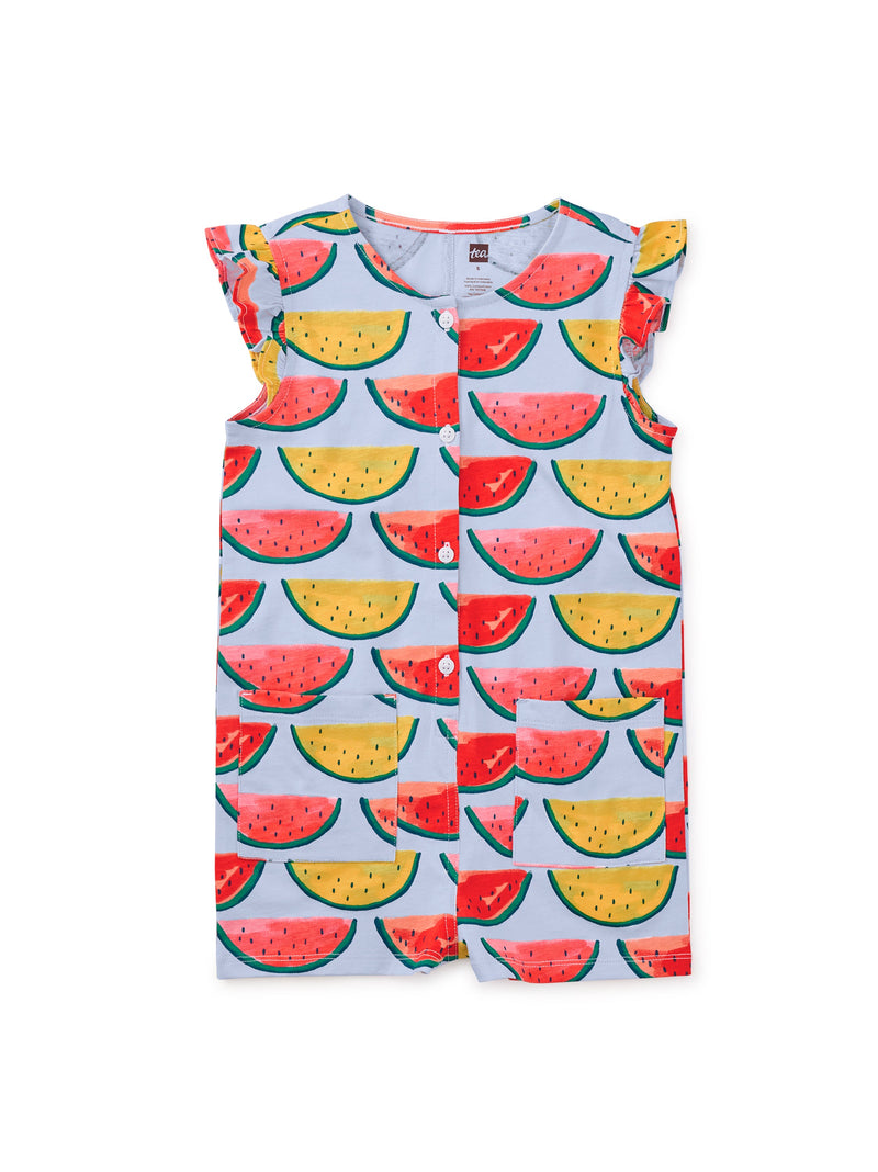 Flutter Sleeve Henley Romper in Painted Watermelons - View 1