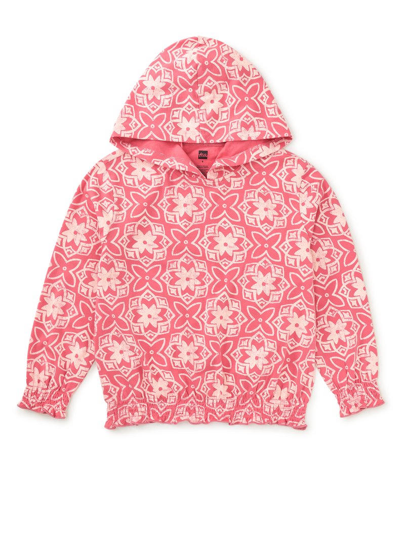 Printed Smocked Hoodie in Geometric Floral Tile - View 1