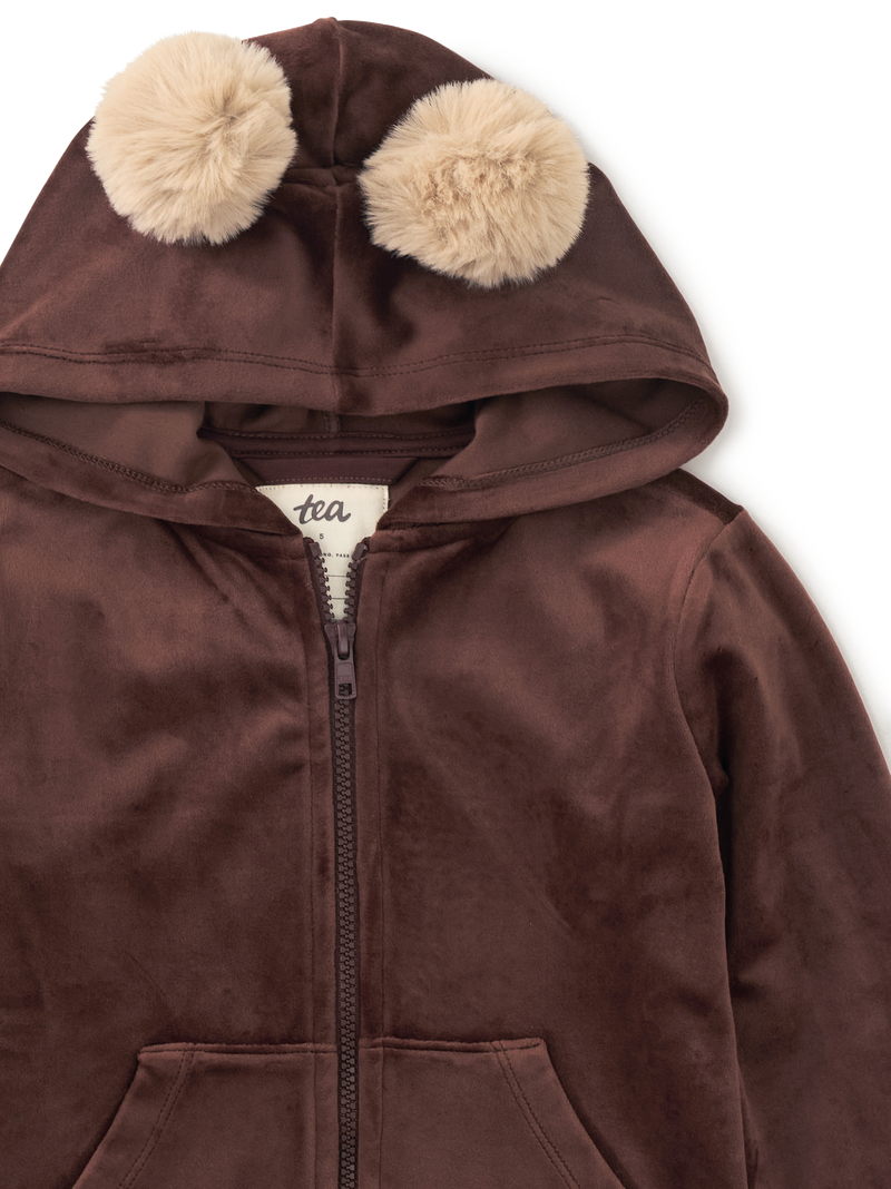 Pom Pom Ear Velour Hoodie in Chocolate - View 2