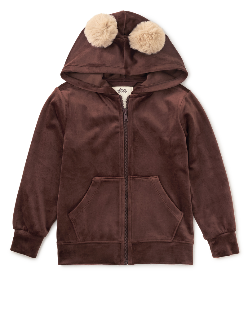 Pom Pom Ear Velour Hoodie in Chocolate - View 1