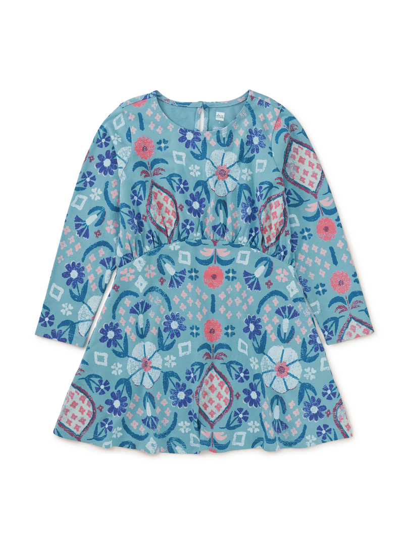Long Sleeve Curved Waist Dress in Hariz Rug Floral In Seashore - View 1