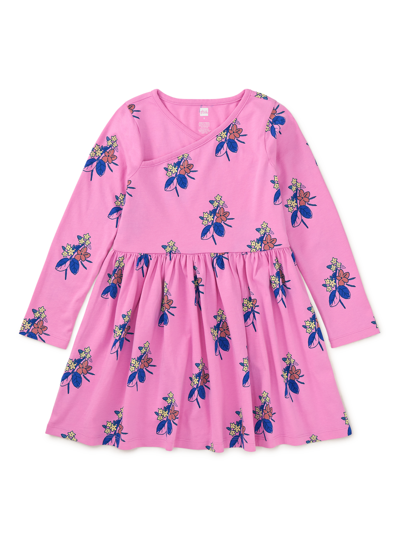 Long Sleeve Wrap Neck Dress in Vintage Block Print Floral - View 1
