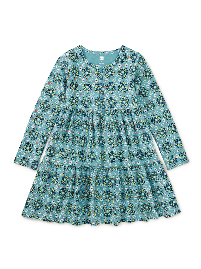 Long Sleeve Tiered Henley Dres in Painted Iznik Tile Floral - View 1