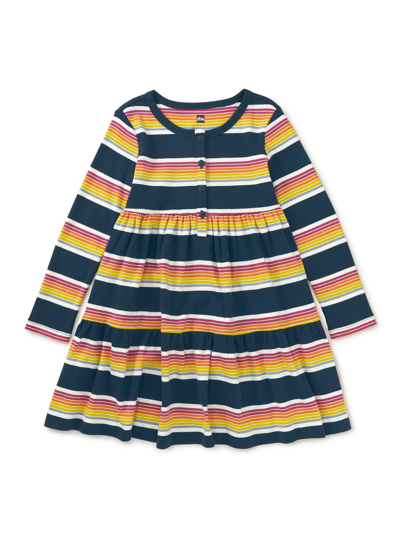 Long Sleeve Tiered Henley Dres in Whale Blue - View 1