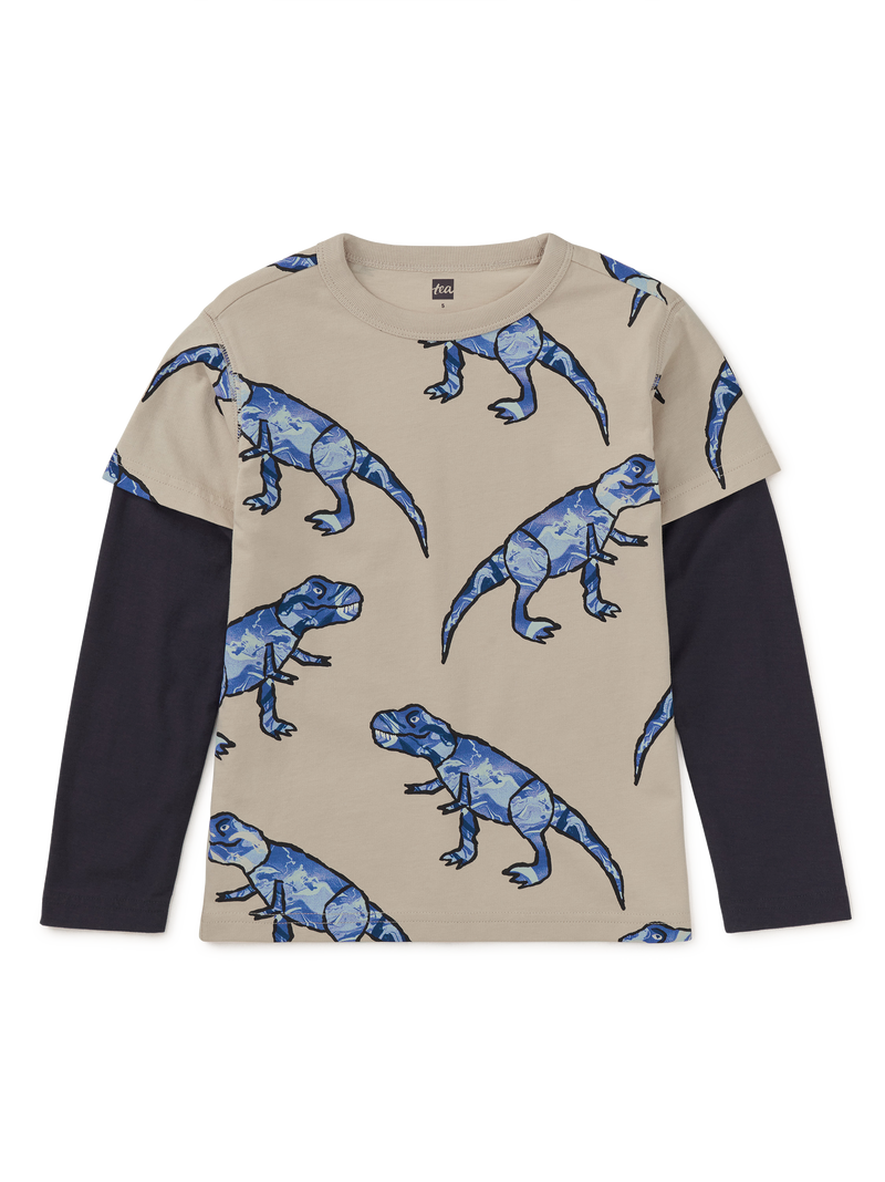 Printed Layered Sleeve Tee in T-Rex In Marble - View 1