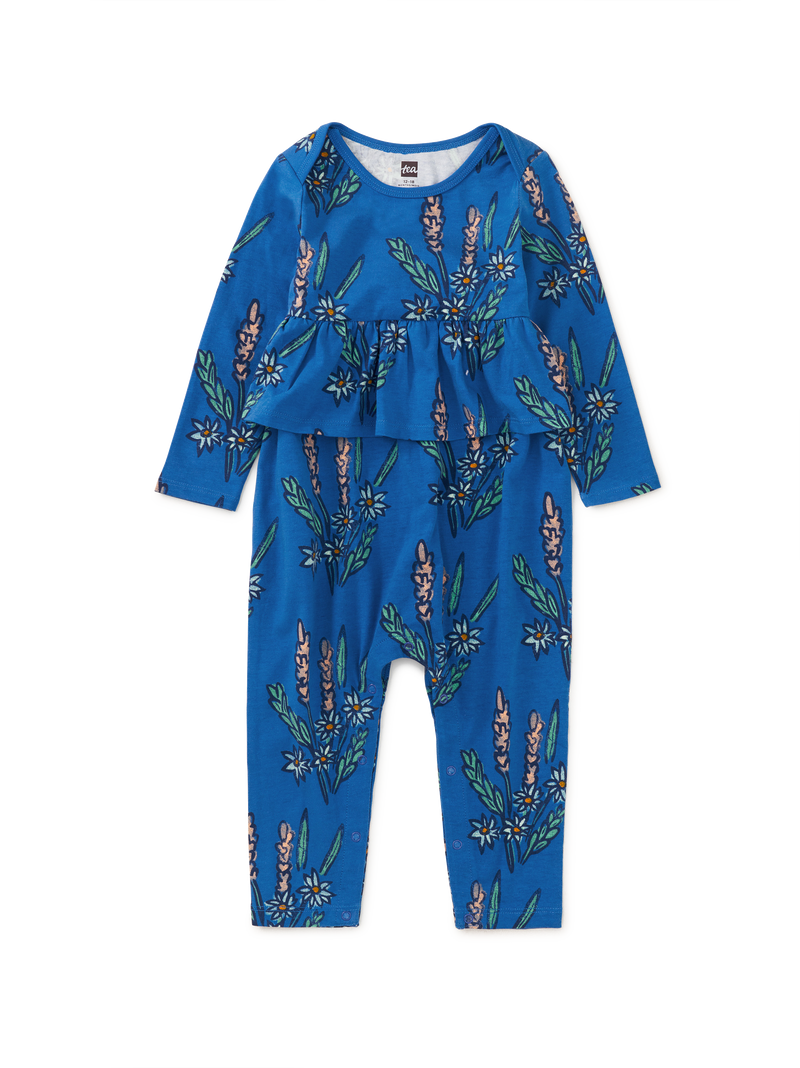 Pretty Peplum Baby Romper in Vintage Block Print Floral - View 1