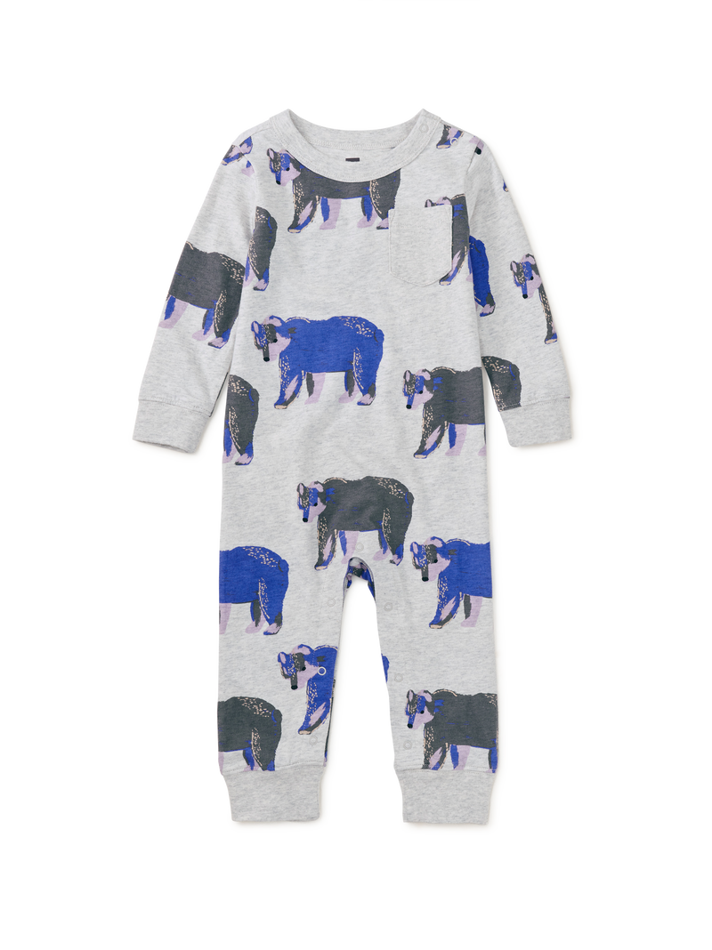 Long Sleeve Pocket Baby Romper in Bushy Bear In Heather Gray - View 1