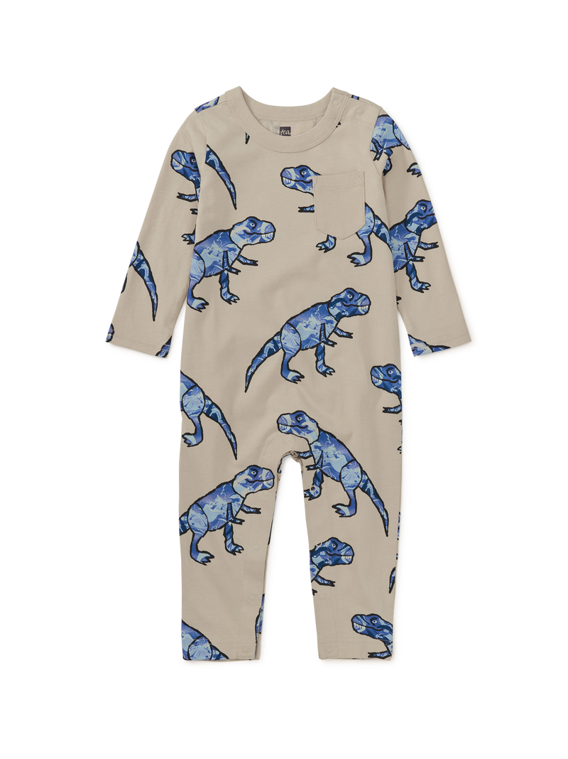 Long Sleeve Pocket Baby Romper in T-Rex In Marble - View 1