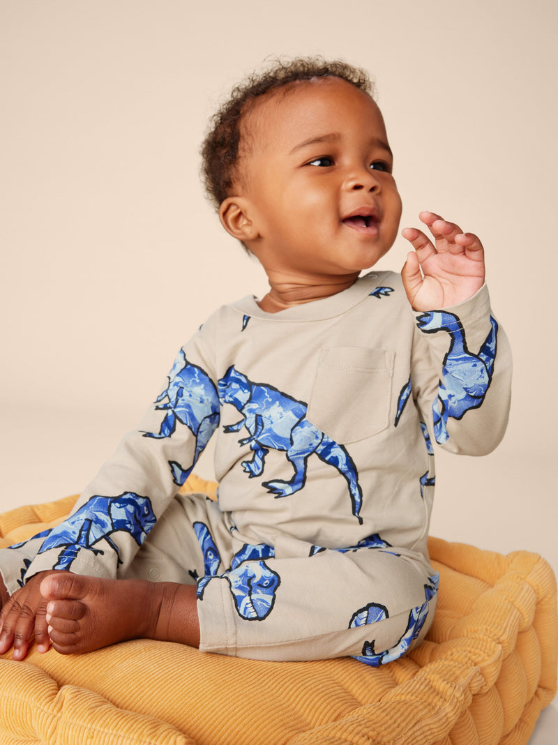 Long Sleeve Pocket Baby Romper in T-Rex In Marble - View 2