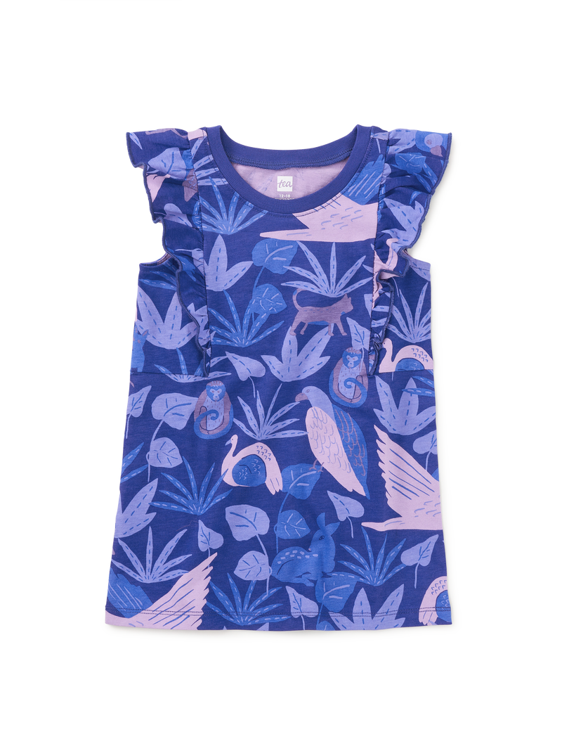 Sleeveless Ruffle A-Line Dress in Fridas Animales In Tonal Blue - View 2