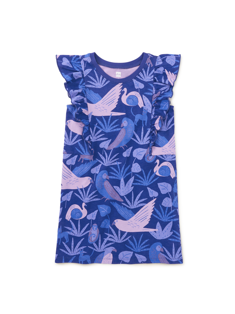 Sleeveless Ruffle A-Line Dress in Fridas Animales In Tonal Blue - View 1