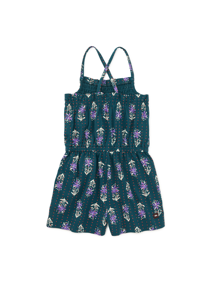 Smocked Sleeveless Romper in Caper Floral Blockprint - View 2