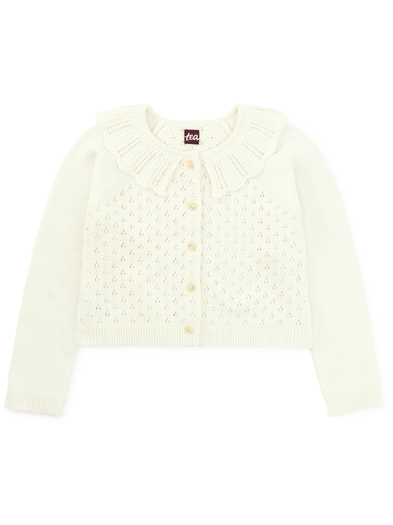 Collared Pointelle Cardigan in Chalk - View 1