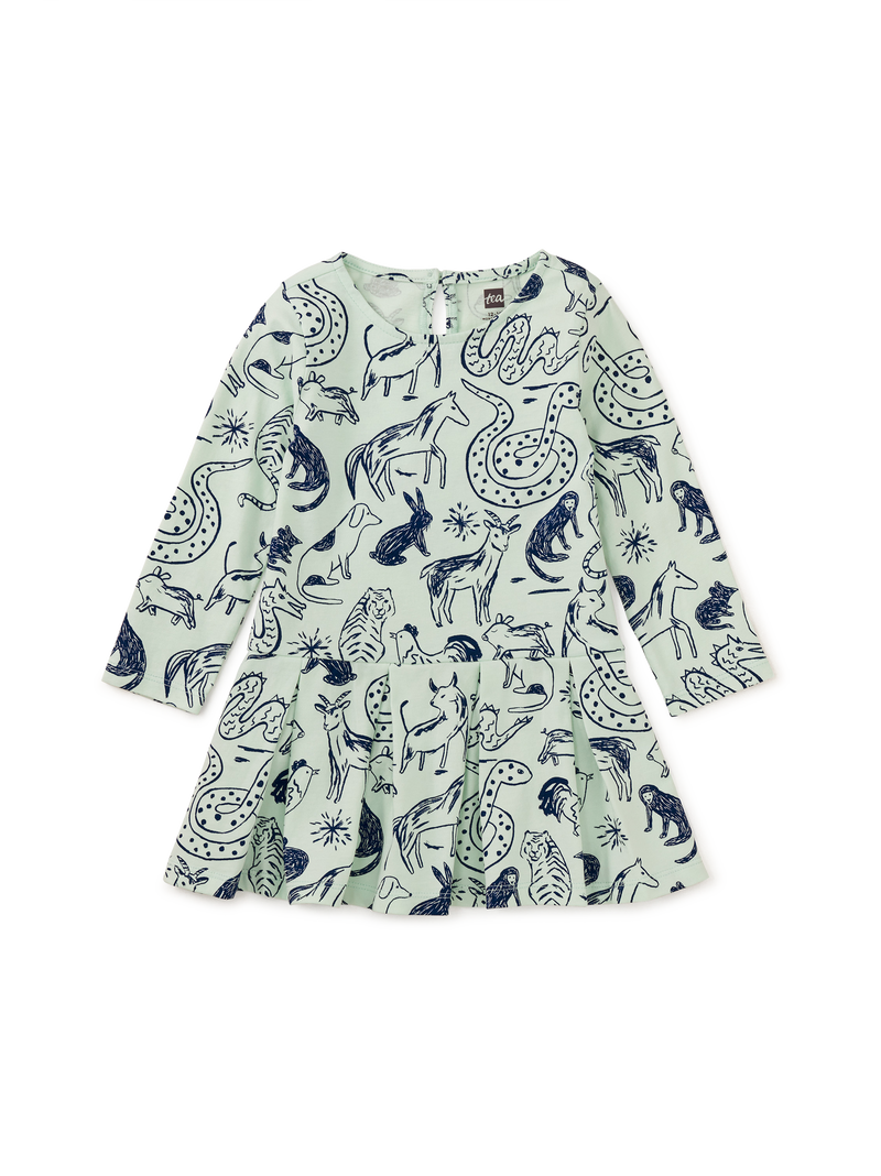 Long Sleeve Pleated Skater Dre in Sketched Lunar New Year Animal - View 2