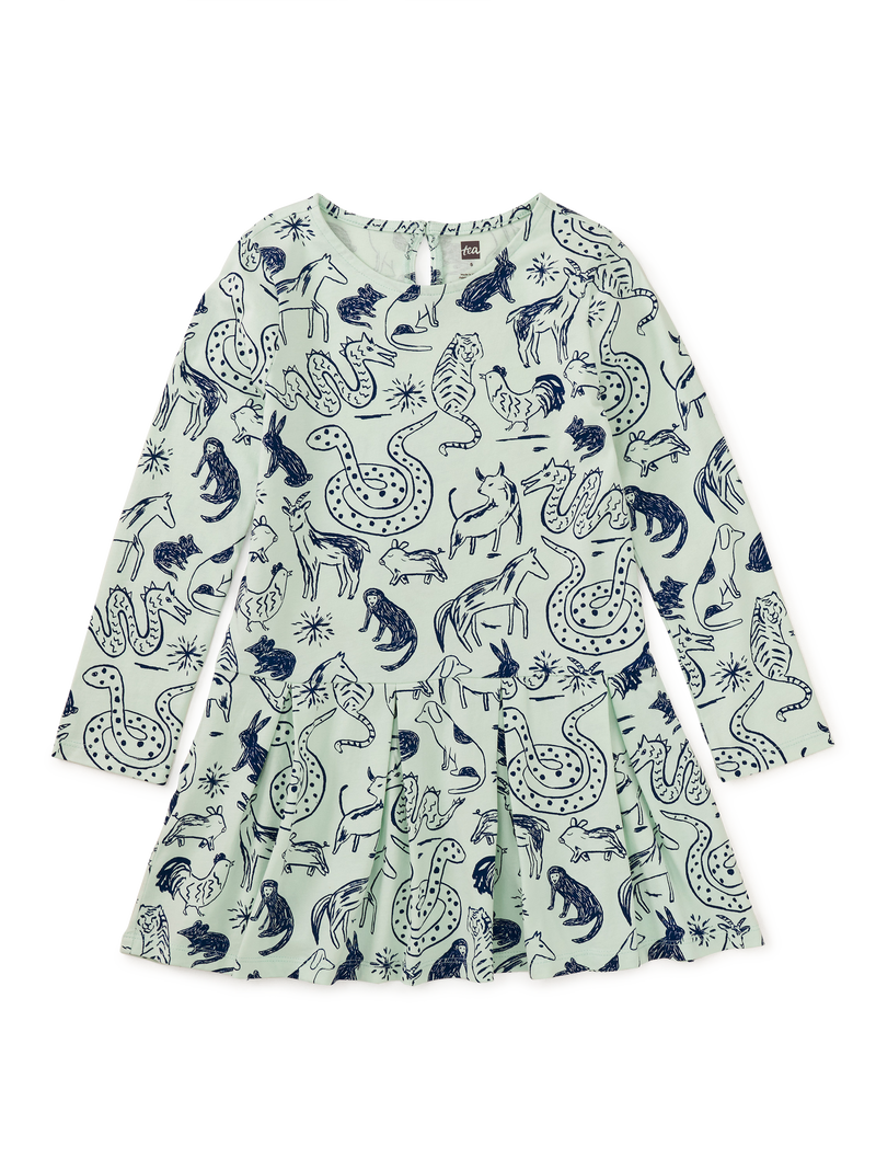 Long Sleeve Pleated Skater Dre in Sketched Lunar New Year Animal - View 1
