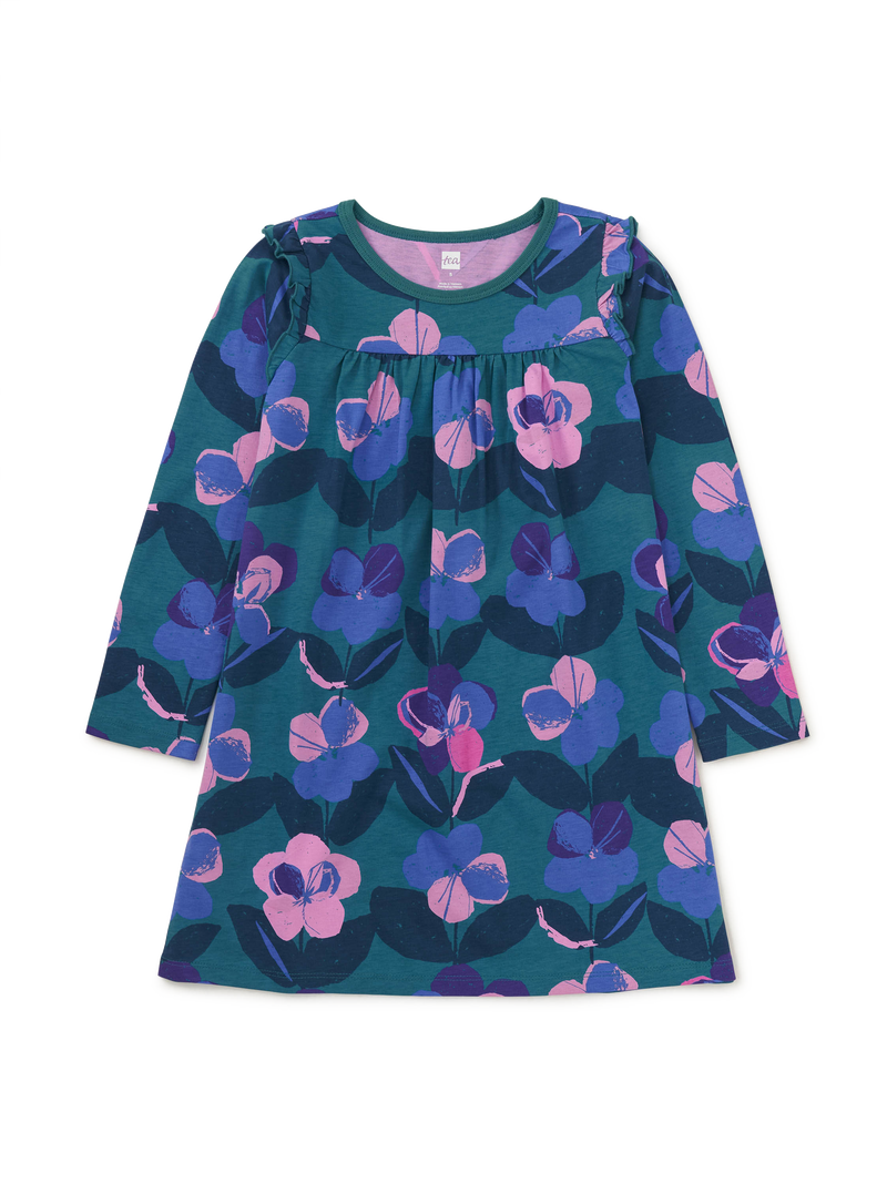 Long Sleeve Mighty Mini Dress in Painterly Pansies - View 1