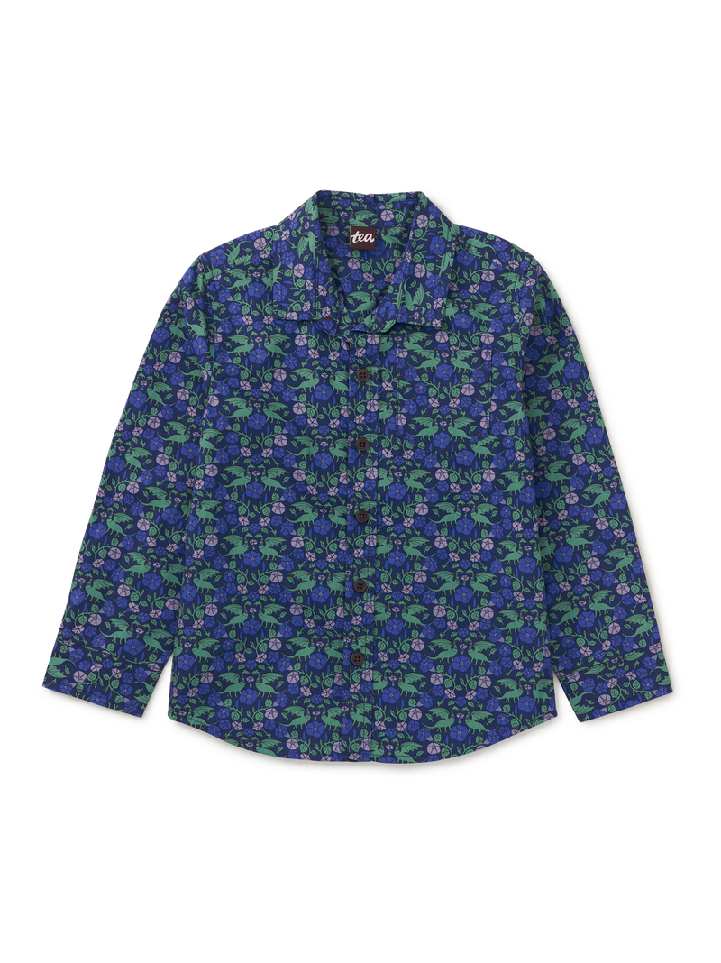 Printed Button Up Shirt in Dragon Floral - View 1