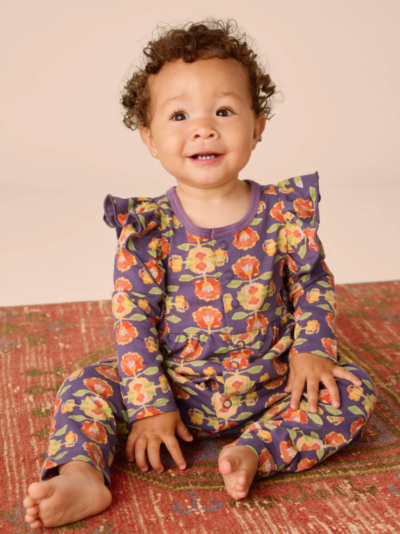 Snap Front Ruffle Baby Romper in Turkish Rug Floral - View 2