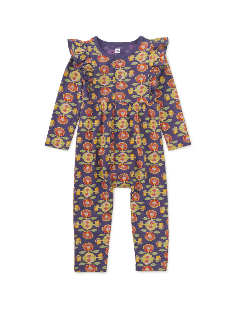 Snap Front Ruffle Baby Romper in Turkish Rug Floral - View 1