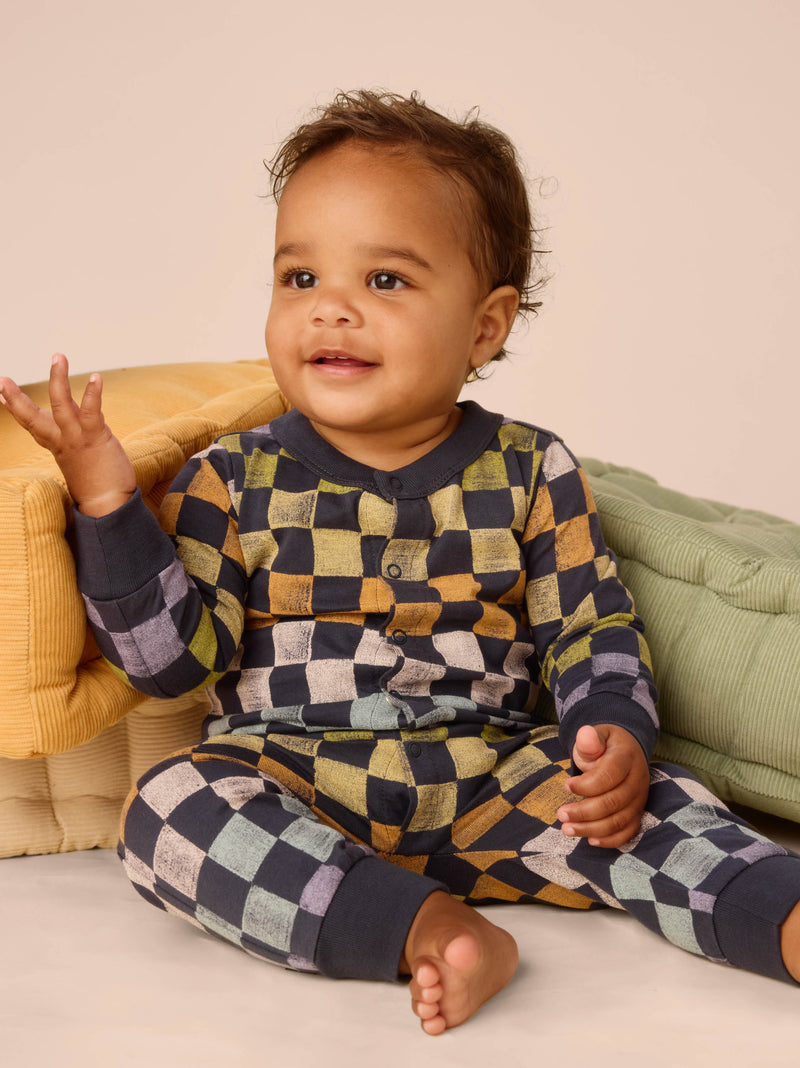 Long Sleeve Snap Front Romper in Checkerboard - View 2