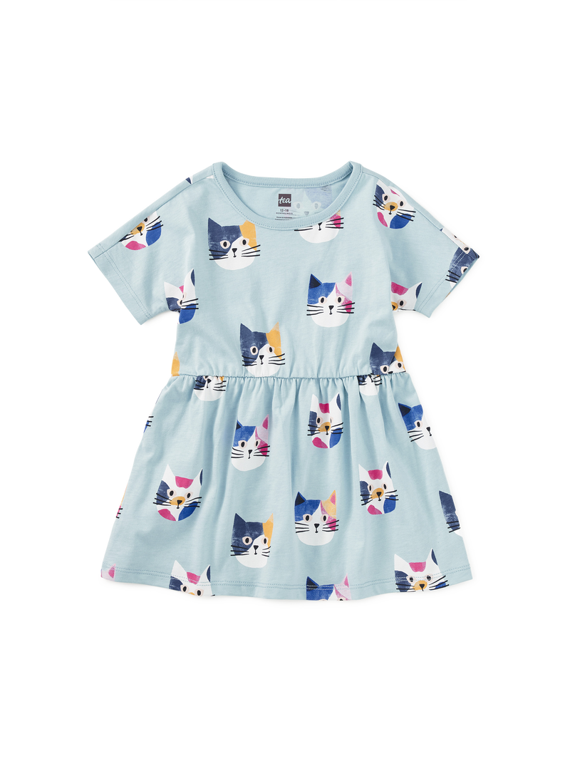 Short Sleeve Twirl Dress in Colorblock Cats - View 2