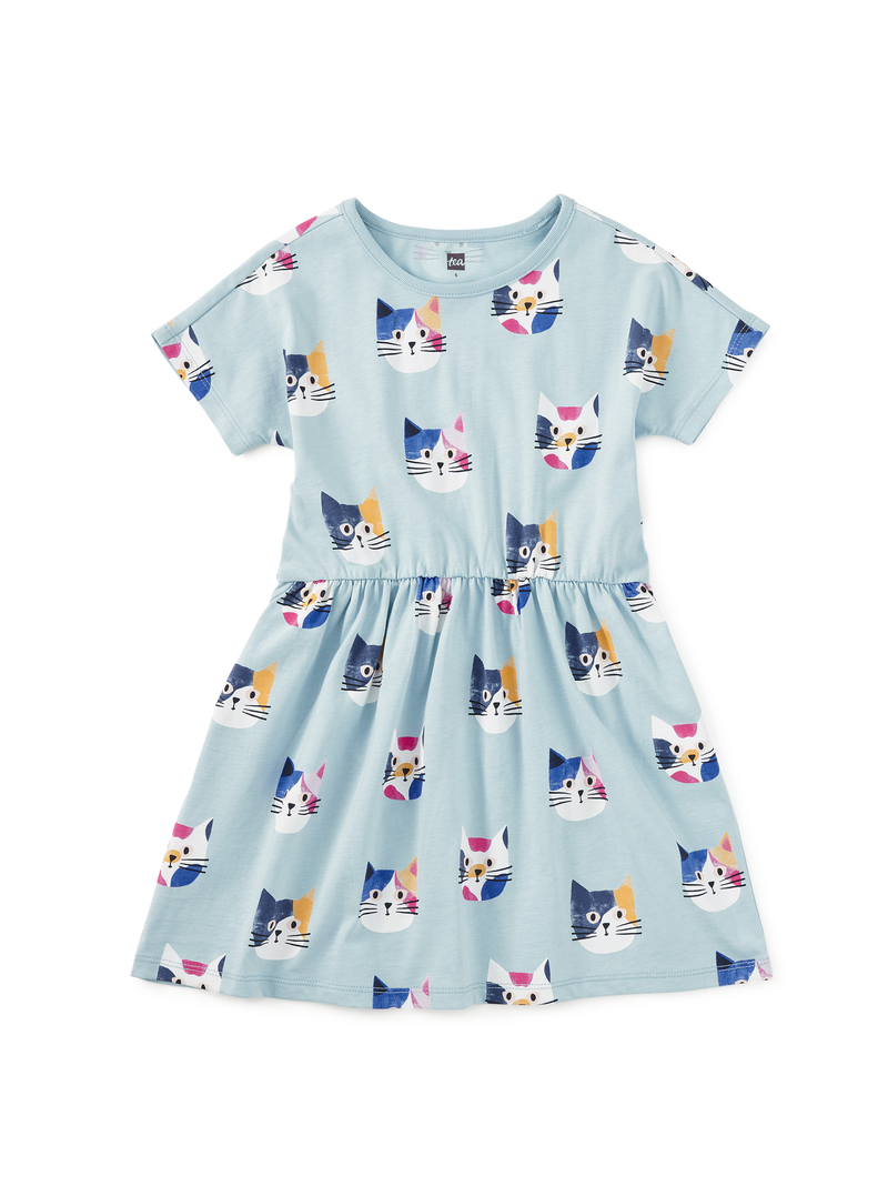 Short Sleeve Twirl Dress in Colorblock Cats - View 1
