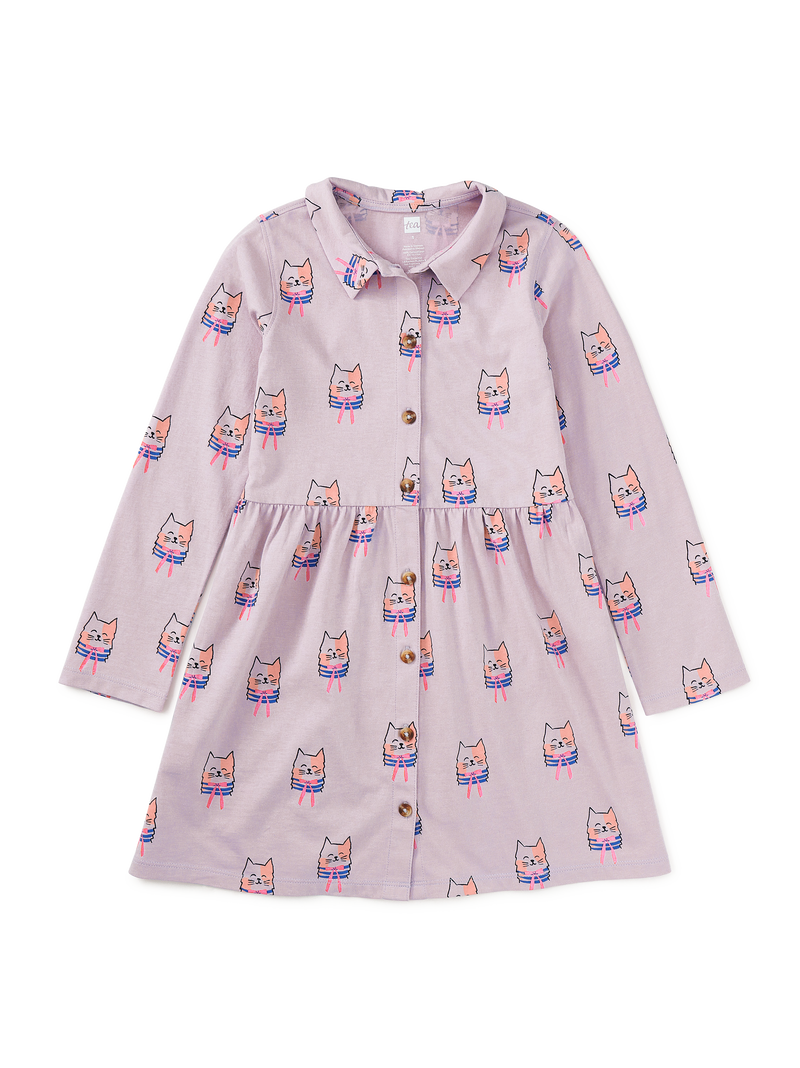 Collared Long Sleeve Shirtdres in Bow Tie Cats - View 1