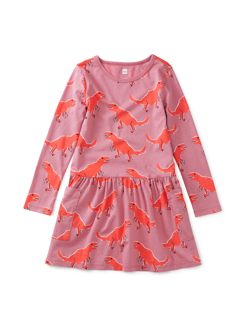 Long Sleeve Pocket Dress in Stomping Dinos In Pink - View 1