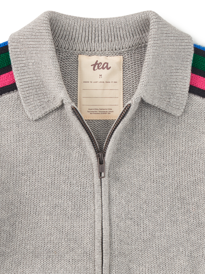 Stripe Sleeve Zip Sweater in Med Heather Grey - View 2