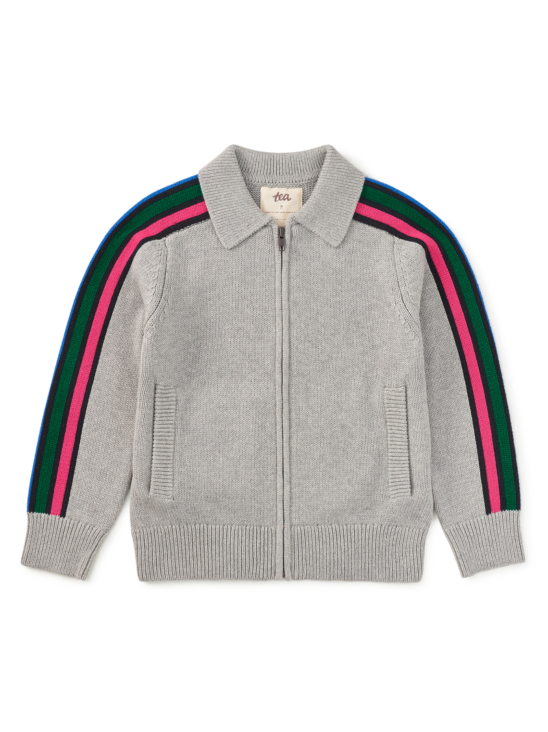 Stripe Sleeve Zip Sweater in Med Heather Grey - View 1