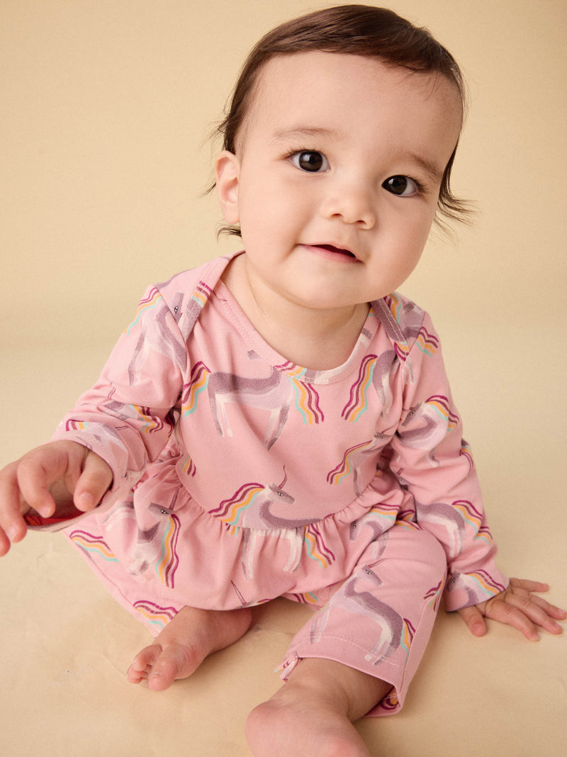 Pretty Peplum Baby Romper in Rainbow Unicorn - View 2