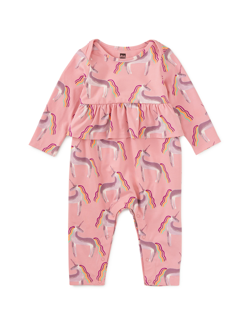 Pretty Peplum Baby Romper in Rainbow Unicorn - View 1