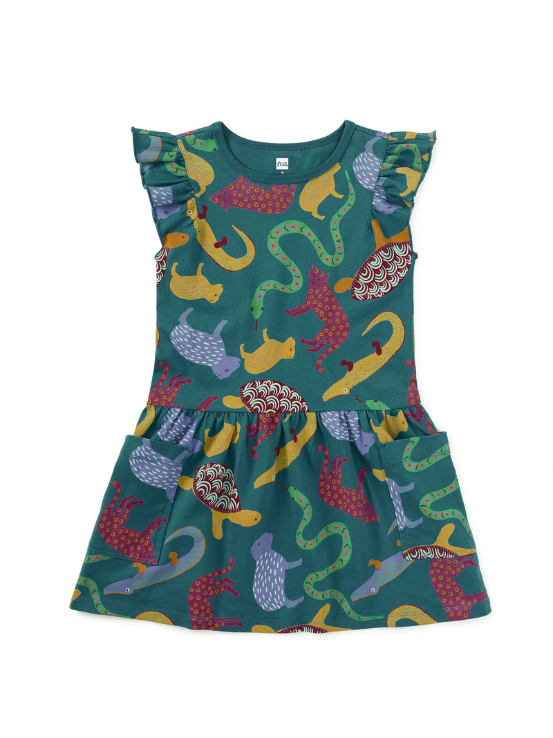 Flutter Sleeve Pocket Dress in Brazilian Folk Animals - View 1