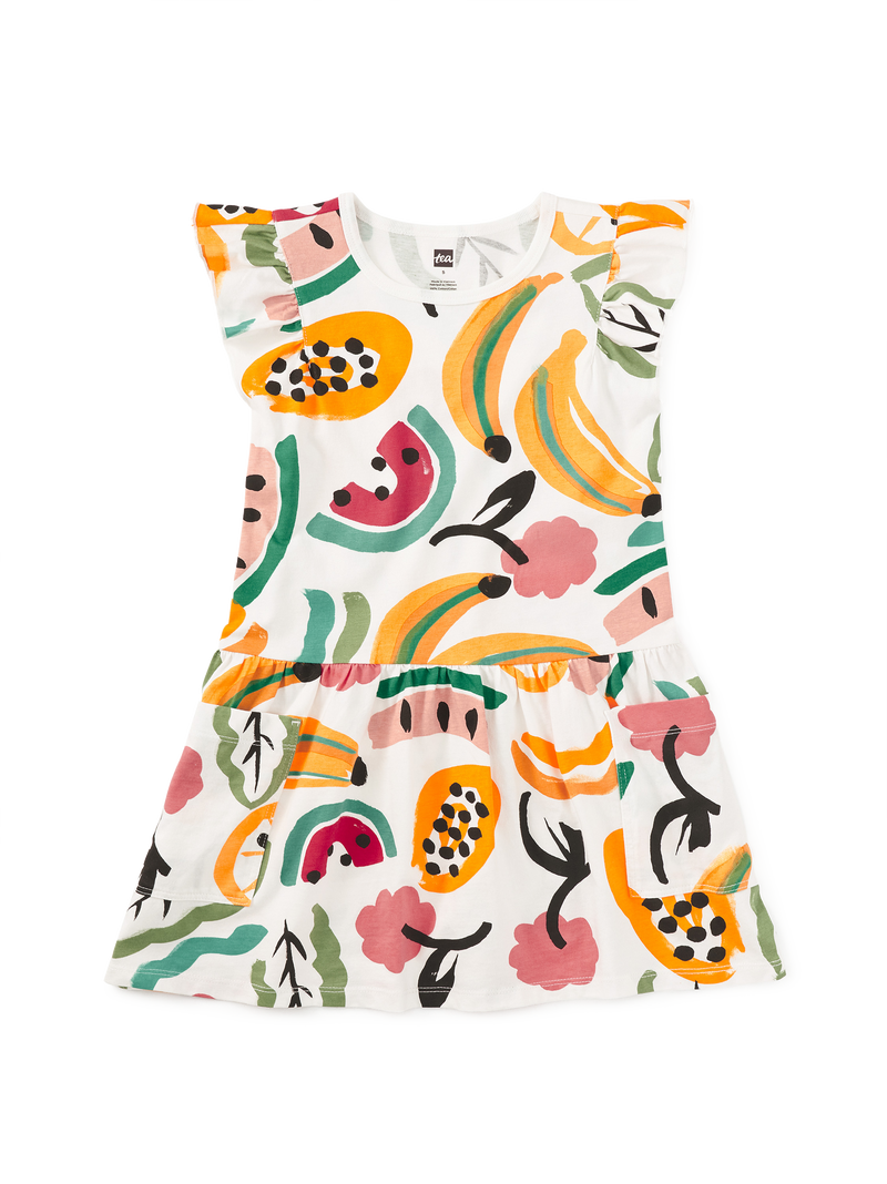 Flutter Sleeve Pocket Dress in Painted Tropical Fruit - View 1
