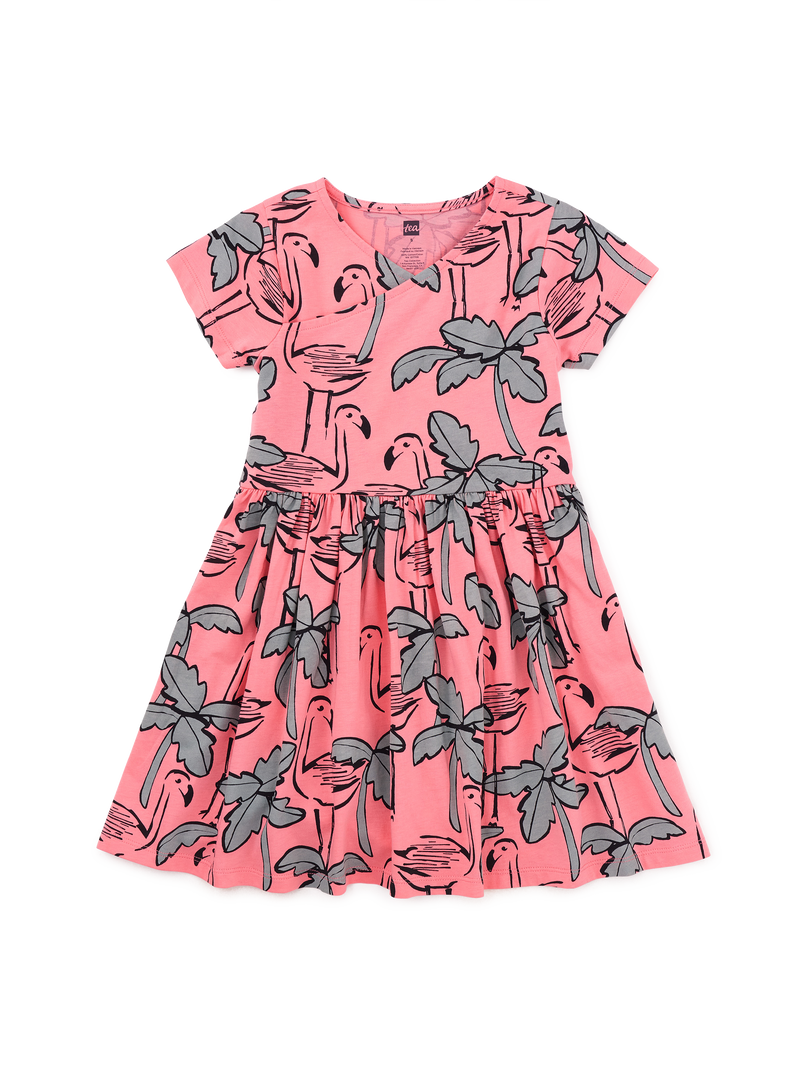 Short Sleeve Wrap Neck Dress in Flamingo Sketch - View 1