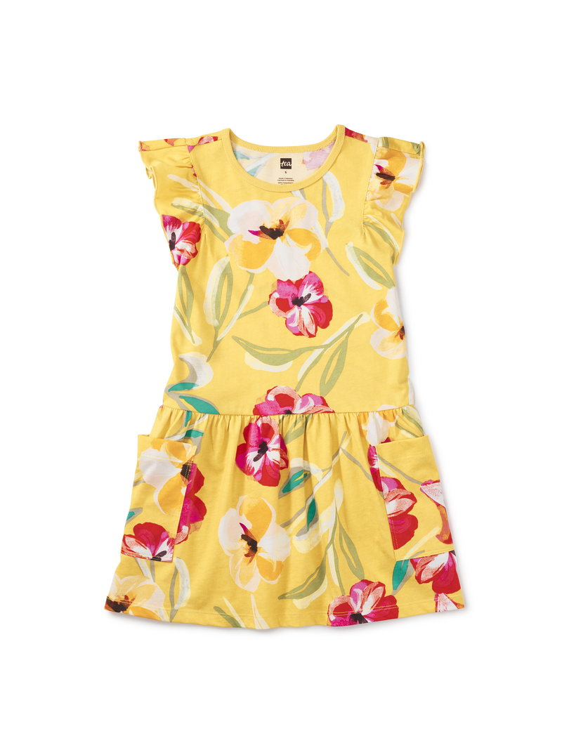 Flutter Sleeve Pocket Dress in Painterly Hibiscus In Yellow - View 1