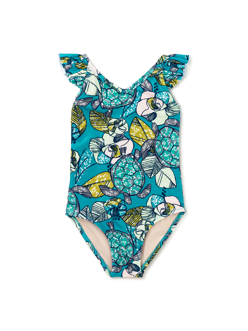 Ruffle One-Piece Swimsuit in Turtle Floral Wax Print - View 1