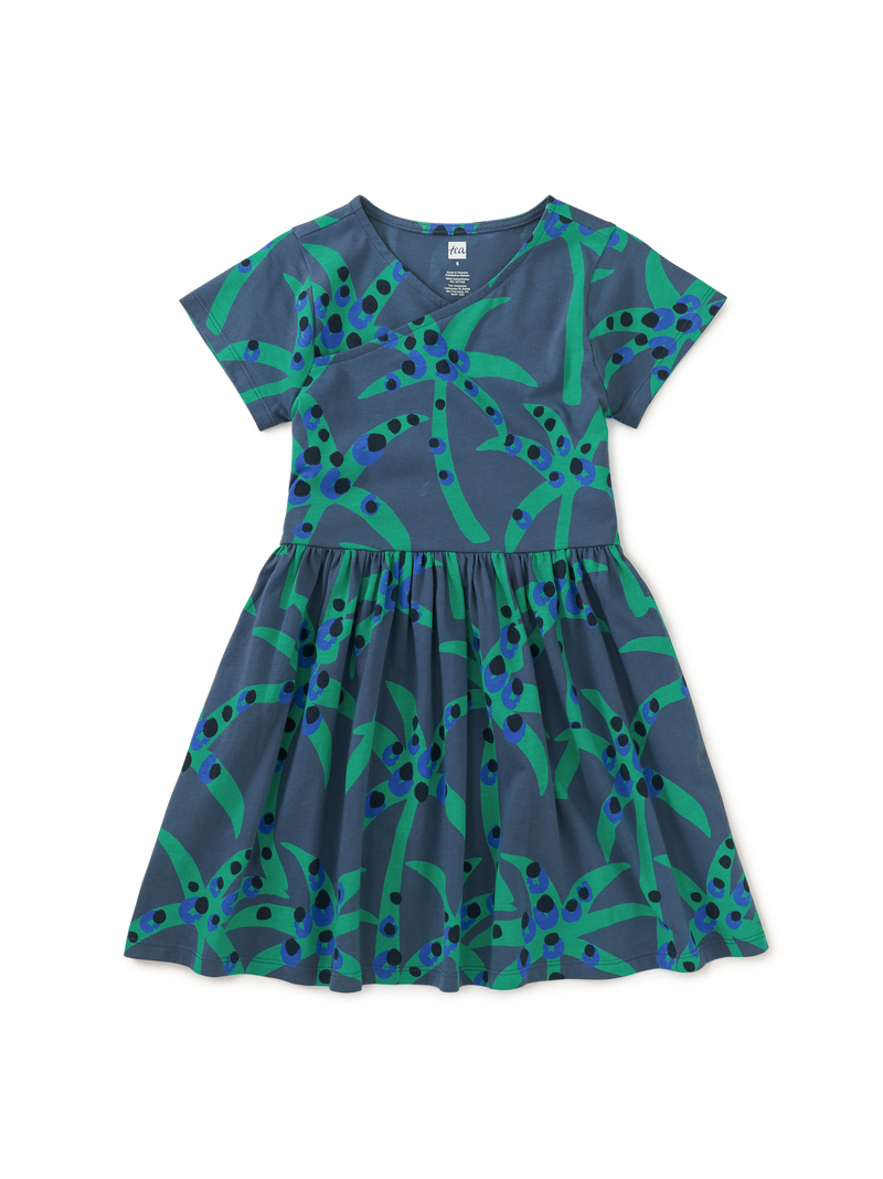Short Sleeve Wrap Neck Dress in Spotted Palms - View 1