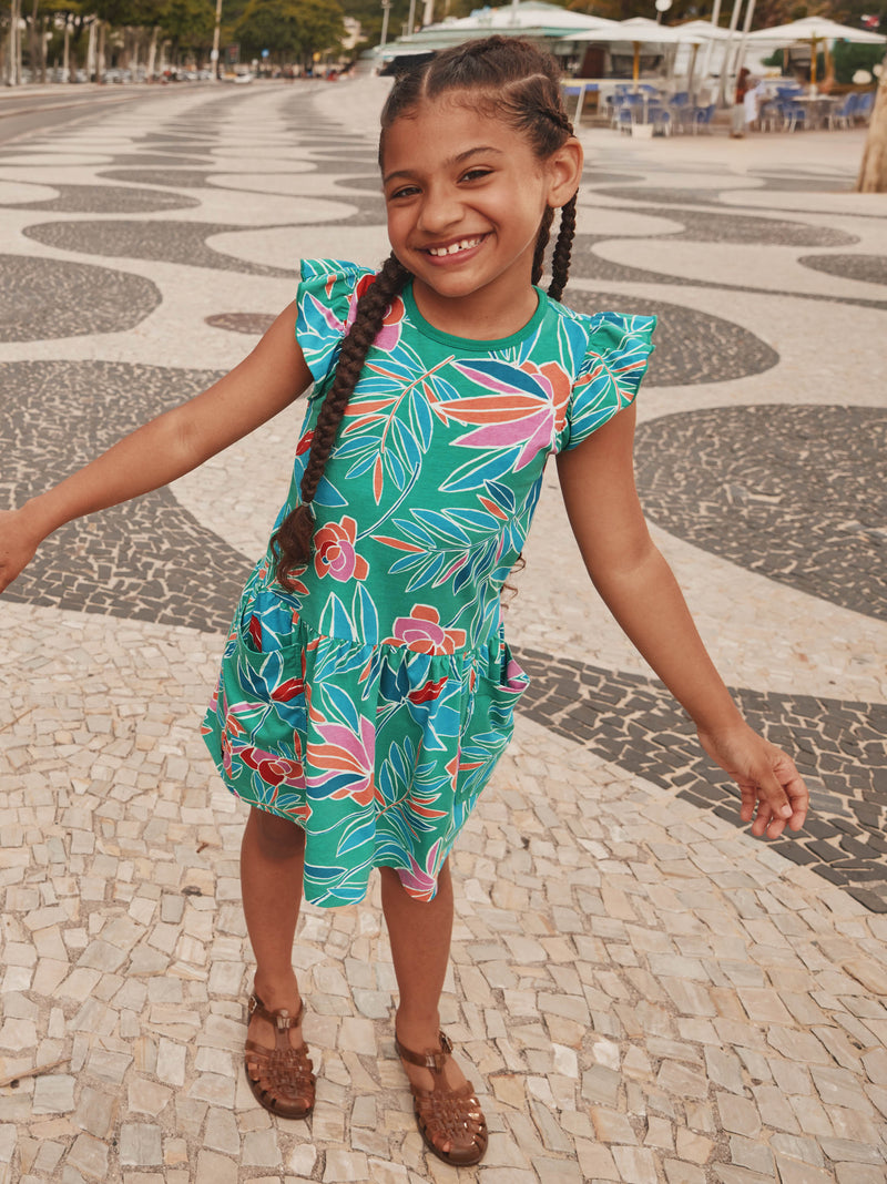 Flutter Sleeve Pocket Dress in Tropical Gardenias - View 2