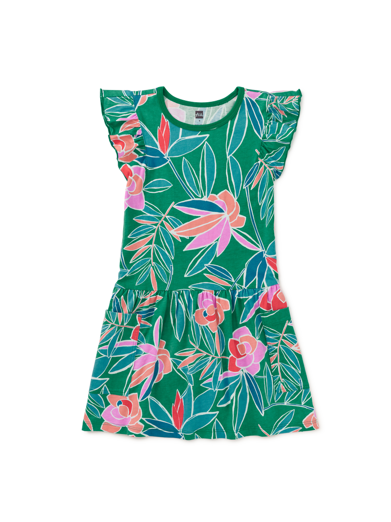 Flutter Sleeve Pocket Dress in Tropical Gardenias - View 1