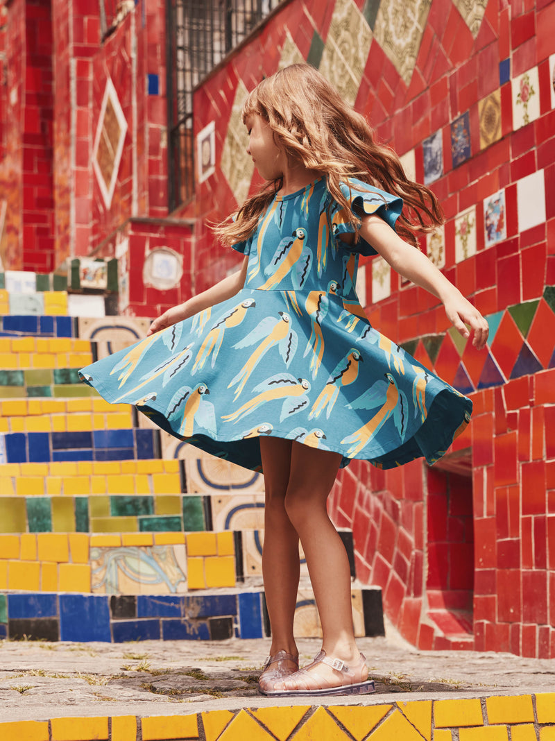 Flutter Sleeve Twirl Dress in Blue And Yellow Macaws - View 2