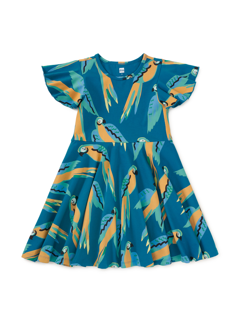 Flutter Sleeve Twirl Dress in Blue And Yellow Macaws - View 1