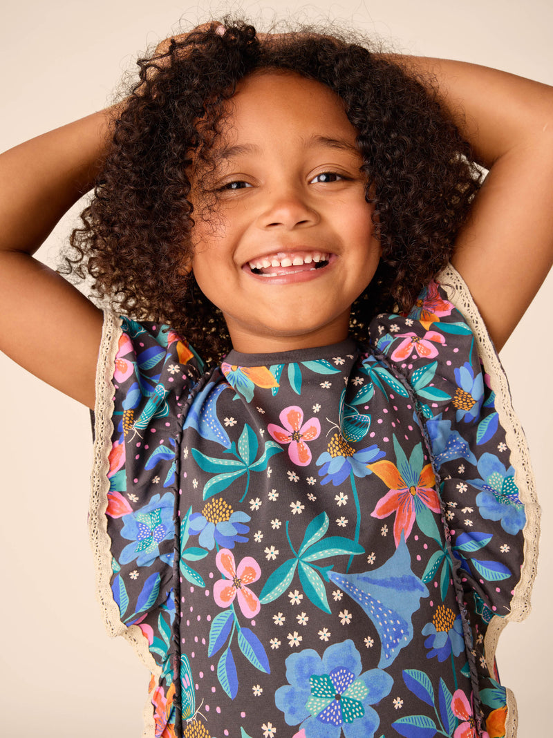 Crochet Trim Ruffle Dress in Brazilian Painted Floral - View 2