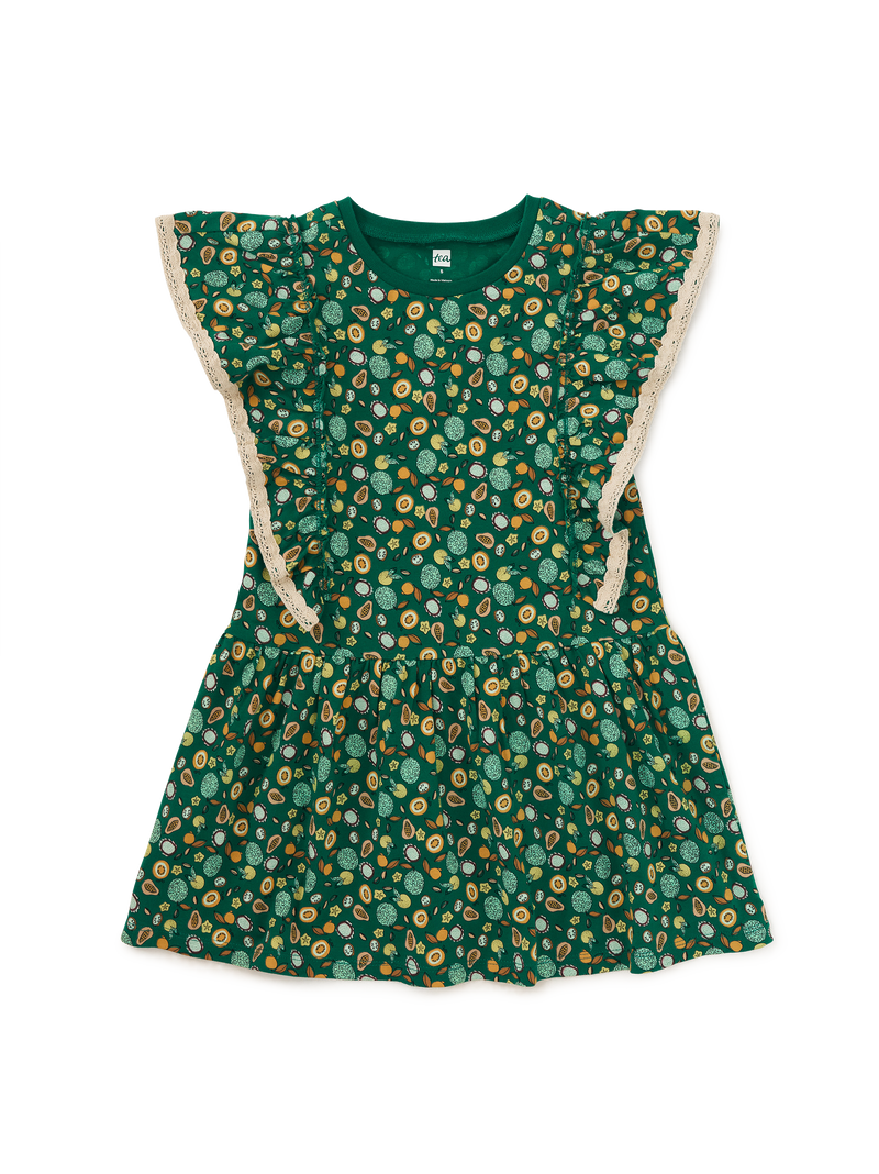 Crochet Trim Ruffle Dress in Super Fruits - View 1