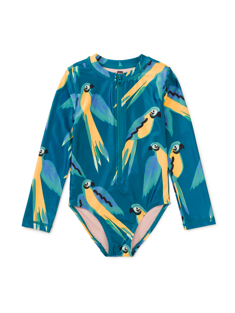 Long Sleeve One-Piece Swimsuit in Blue And Yellow Macaws - View 1