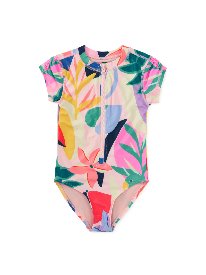 Rash Guard One-Piece Swimsuit in Parakeet Tropicalia - View 1