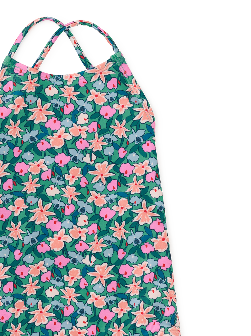 Cross Back One-Piece Swimsuit in Orchid Ditsy - View 2