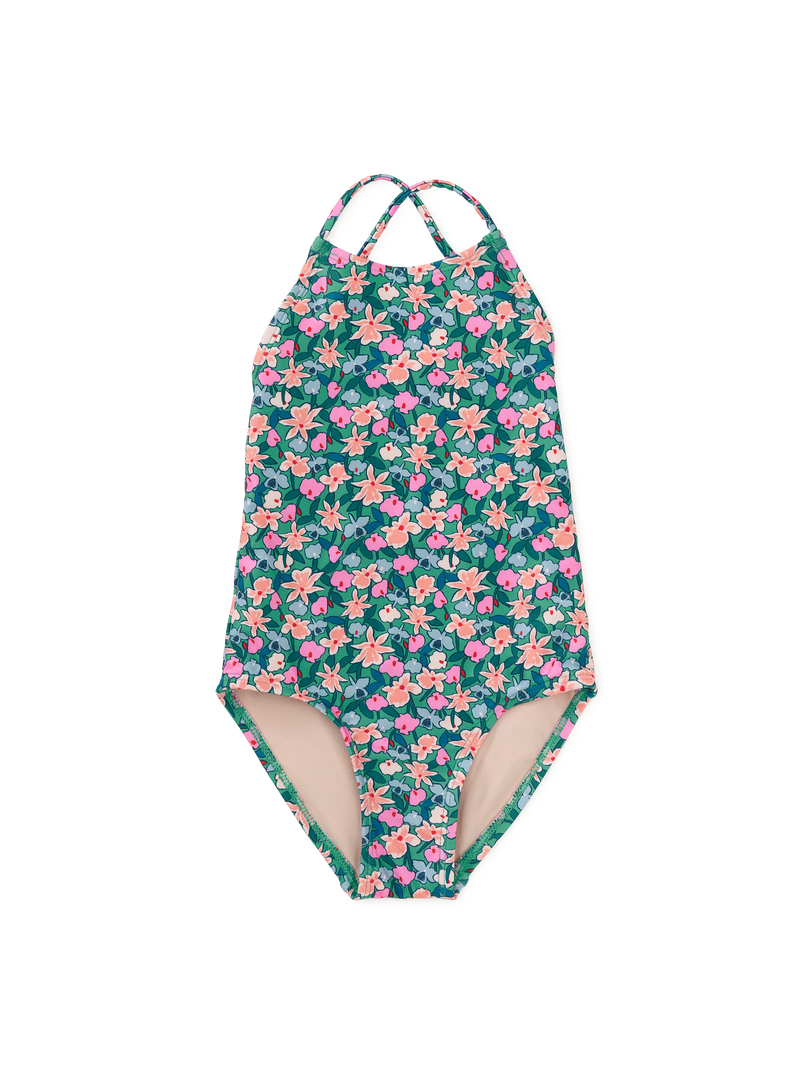 Cross Back One-Piece Swimsuit in Orchid Ditsy - View 1