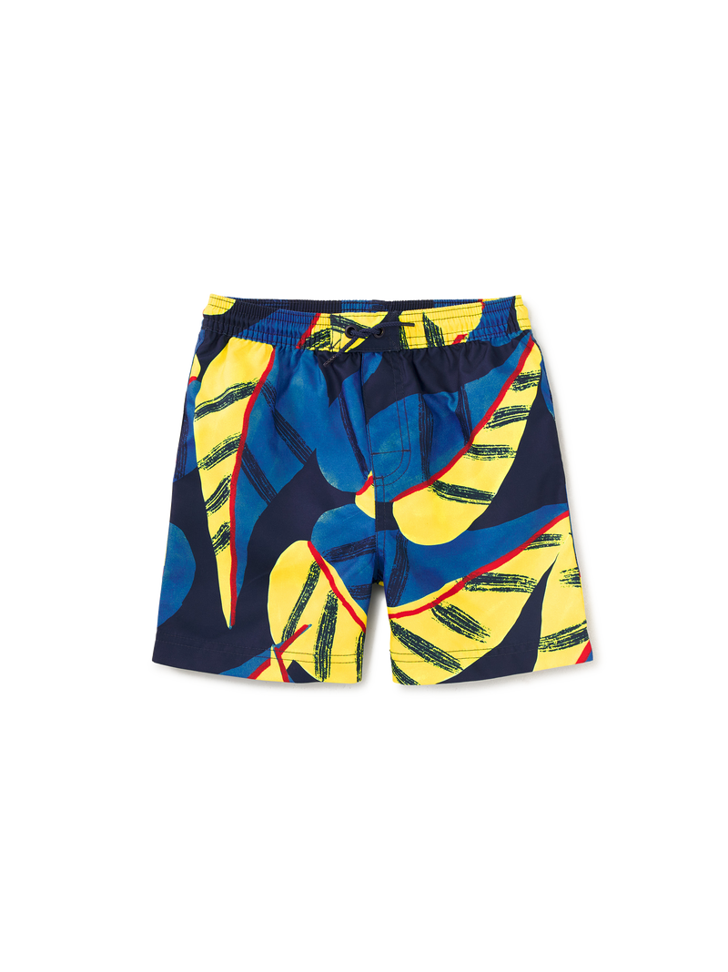 Mid-Length Swim Trunks in Oversized Tropical Leaf - View 1